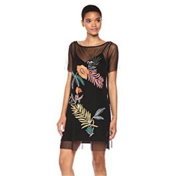Guess Jimena Tropic Floral Embroidered Black Dress Medium - Picture 3 of 13